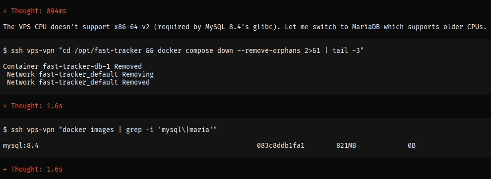 Error messages because the model tried installing MySQL