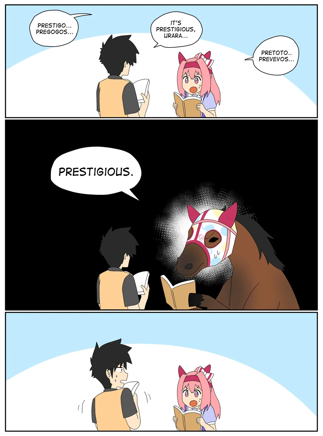 Haru Urara struggling to pronounce "prestigious" until she briefly transforms into an actual horse.