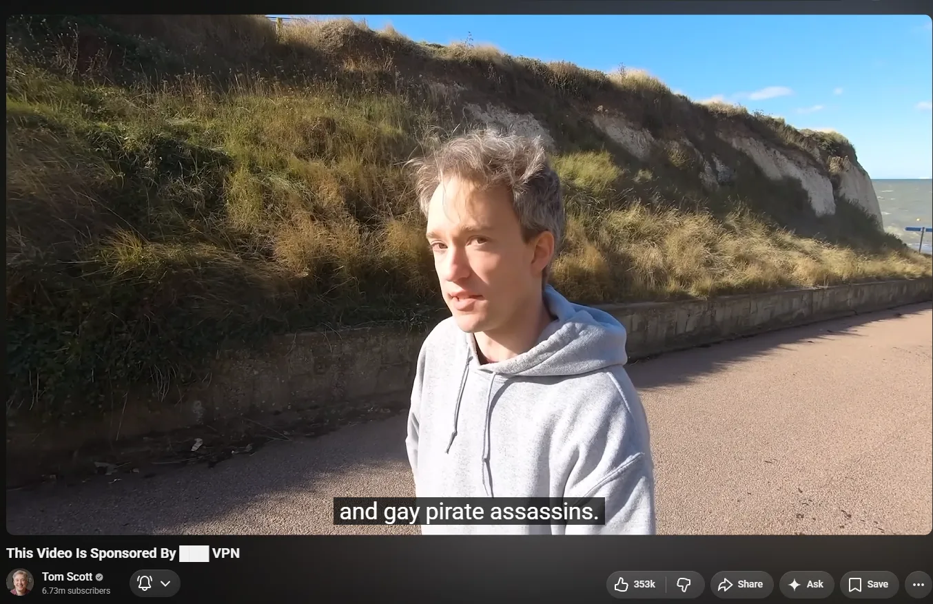 Screenshot of a YouTube Video with closed captions saying "Gay Pirate Assassins"