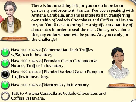 A game menu displaying a quest, among the uncompleted tasks being to "Have 100 cases of Blended Varietal Cacao Pumpkin Truffles in your inventory"
