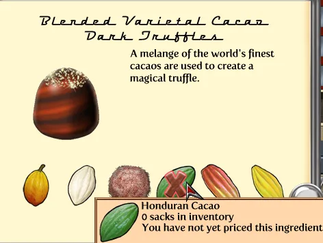 A menu of the game for "Blended Varietal Cacao Dark Truffles"