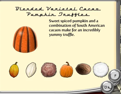 Screenshot of the game showing the recipe Blended Varietal Cacao Pumpkin Truffles